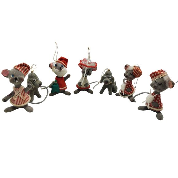 vintage 1950s set of 7 flocked mice christmas ornaments - Picture 8 of 8